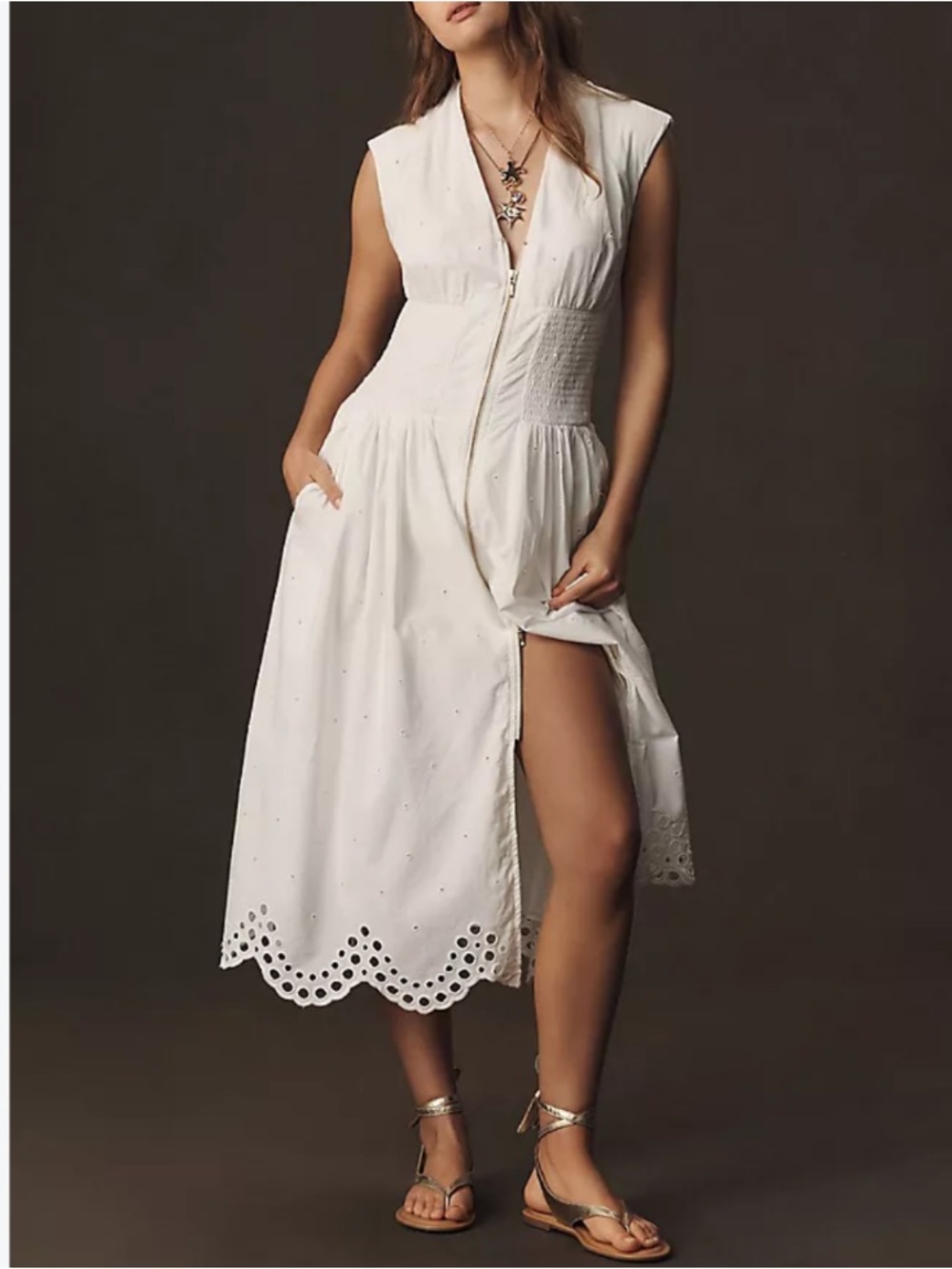 Anthropologie Dress Tommie Smocked Front-Zip Eyelet Trim Midi in White